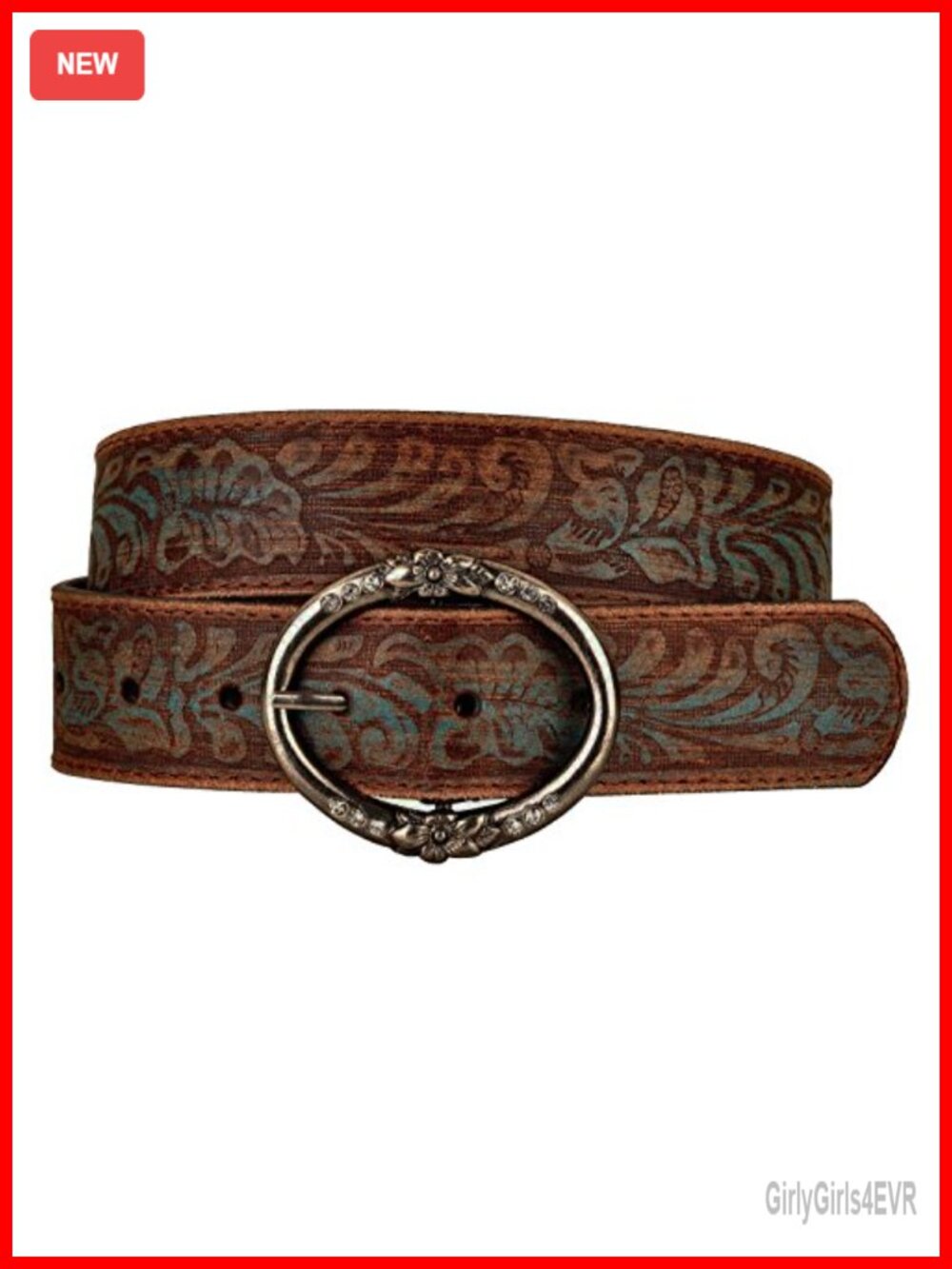 Genuine Full-Grain Leather Belt with Rhinestone Ring Buckle, Western Boho Style